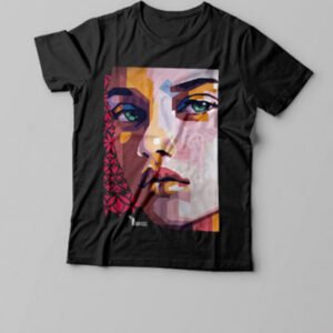 Camiseta beyond the eyes, rosto em facetas coloridas sobre algodao preto
