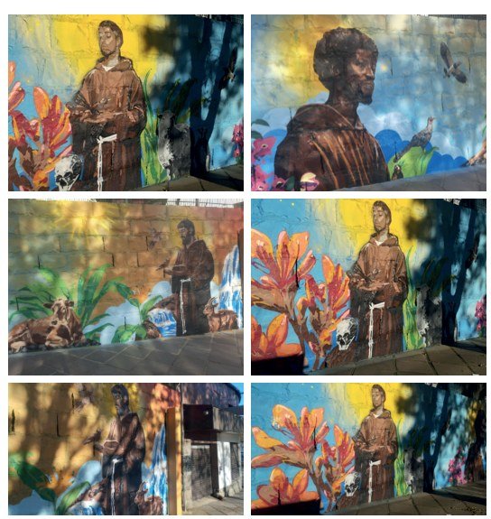 Seis detalhes do mural dos Capuchinhos mostrando trechos diferentes da pintura