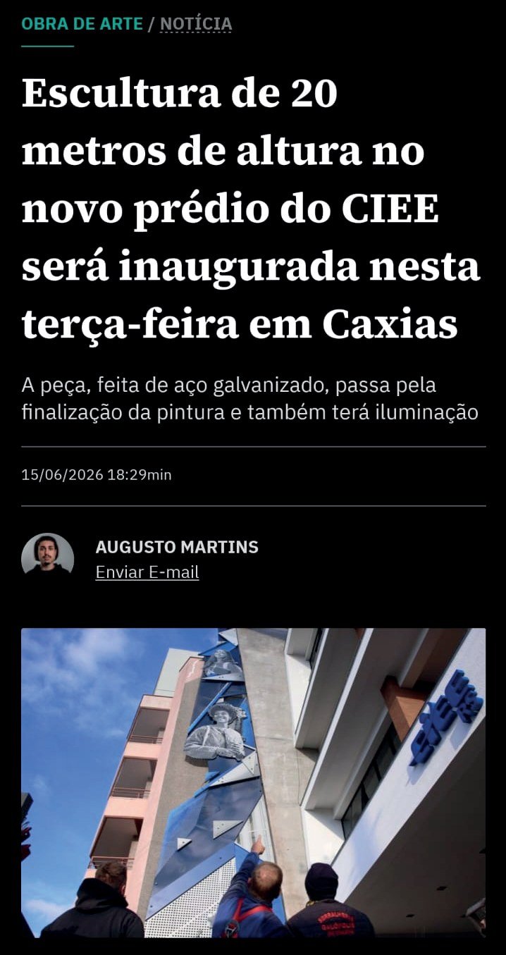 Reportagem do GZH sobre a escultura de 20 metros inaugurada no novo prédio do CIEE em Caxias