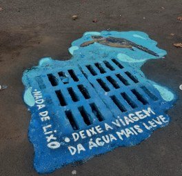 Bueiro pintado com uma tartaruga e a frase nada de lixo, deixe a viagem da água mais leve