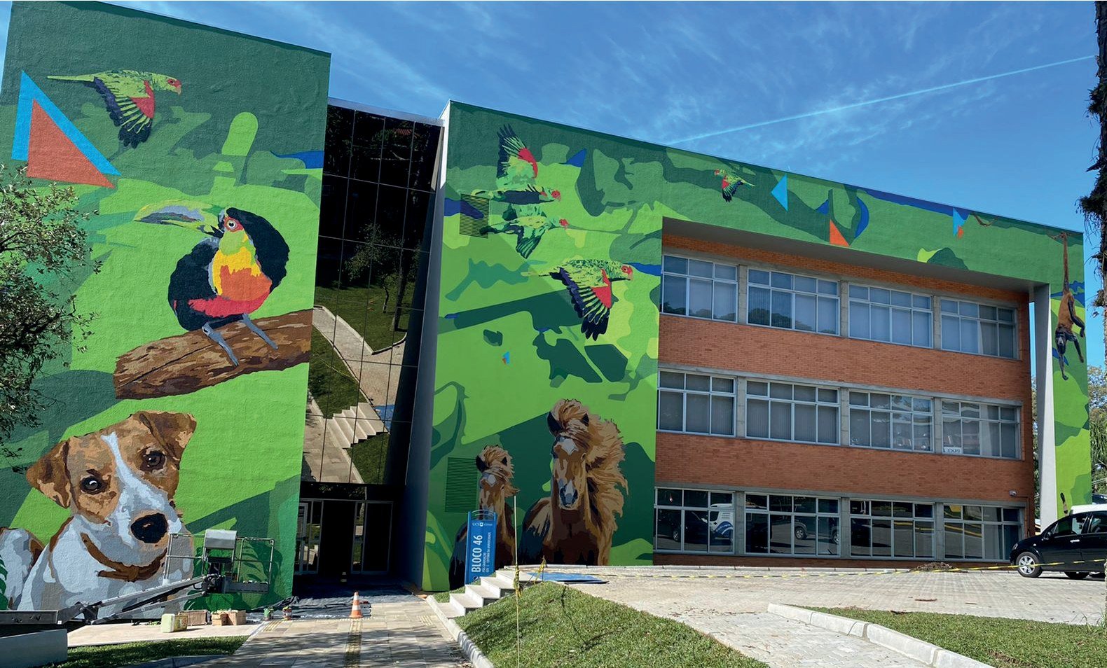 Fachada do hospital veterinário IHVET pintada com um cachorro e um tucano em cores fortes