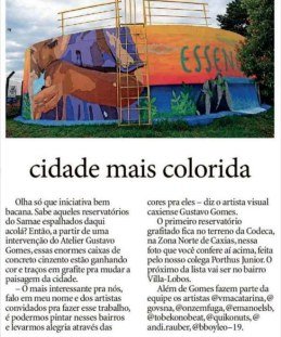 Recorte do jornal Pioneiro sobre os reservatórios grafitados deixarem a cidade mais colorida